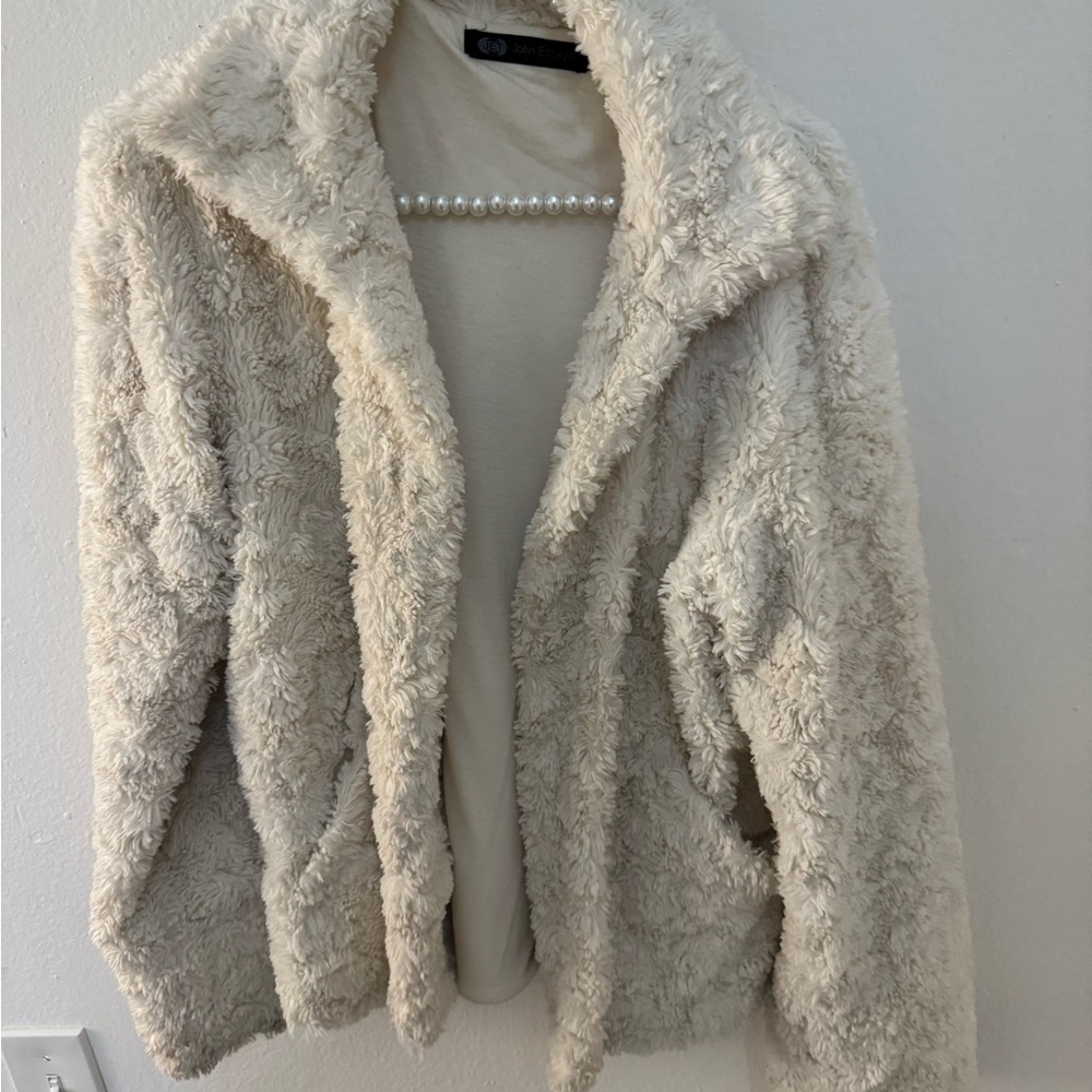 John Eshaya Teddy Faux Fur Jacket Cream Size S